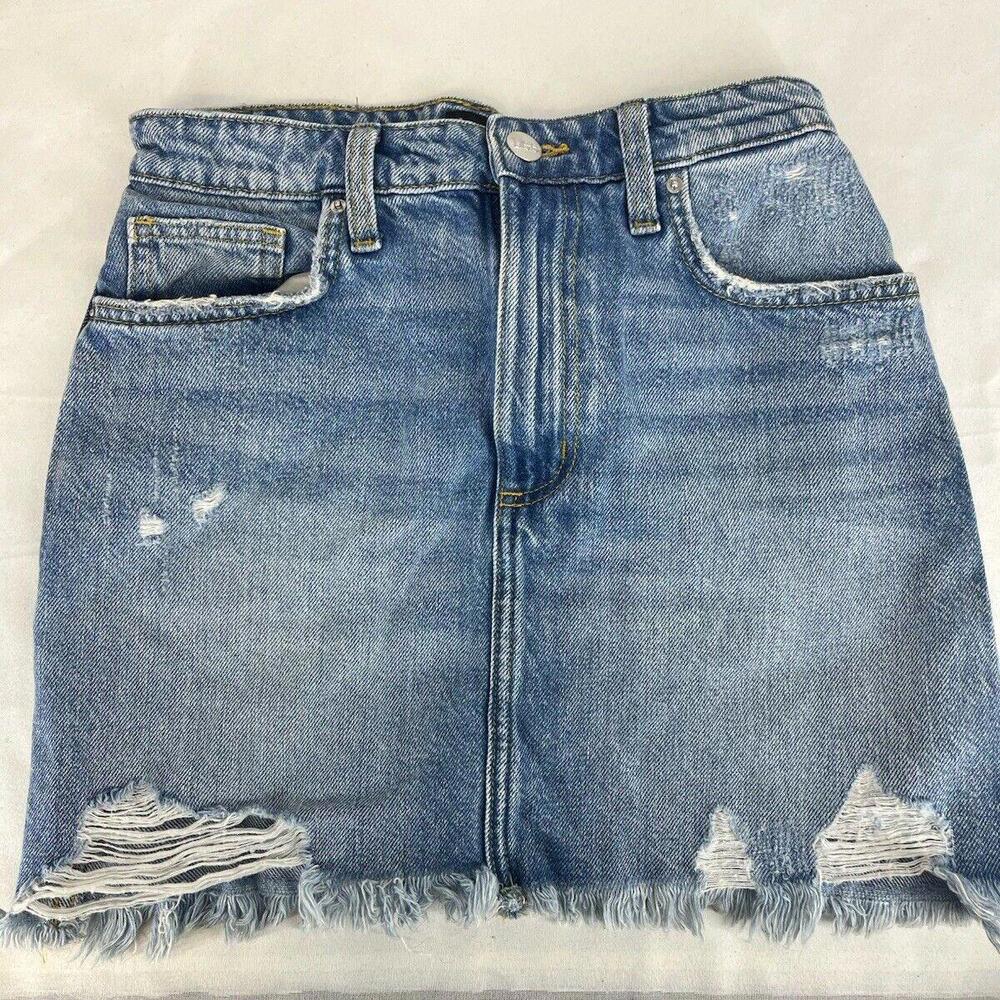 Distressed Blue Denim Mini Skirt - Trendy Fashion Staple - Size 26 - Picture 1 of 9